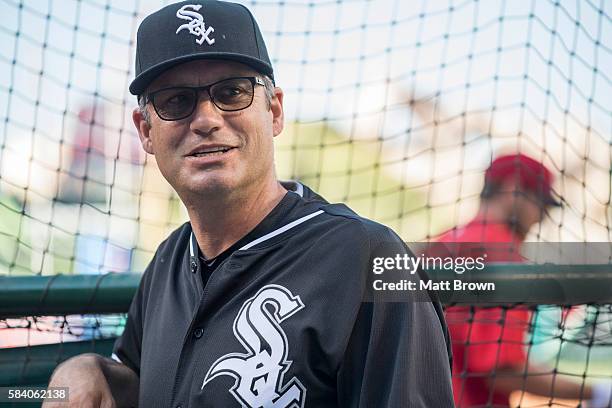 Manager Robin Ventura of the Chicago White Sox smiles during batting practice before the game against the Los Angeles Angels of Anaheim at Angel...