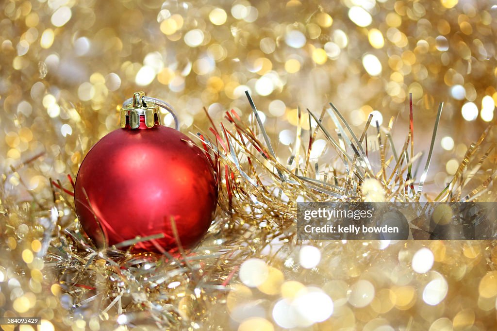 Christmas bauble decoration on tinsel
