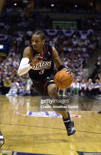 Allen Iverson of the Philadelphia 76ers drives to the basket in game four of the eastern conference finals against the Milwaukee Bucks at the Bradley...