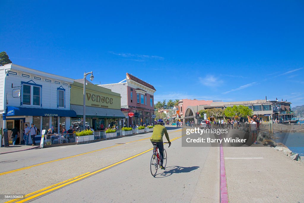 Bicyclist on road in Sausalito, California