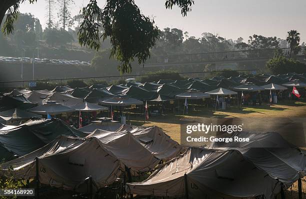 Shelter for homeless is set up on a downtown baseball field on July 23 in San Diego, California. San Diego, with its large, permenent military...