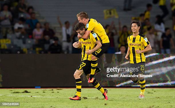 Christian Pulisic of Borussia Dortmund celebrates after scoring the goal to the 1:1 during the International Champions Cup China match between...