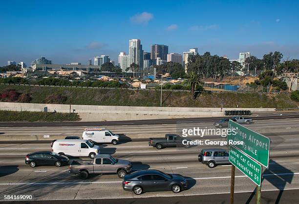 The downtown skyline is viewed from a hill overlooking Interstate 5 on July 23 in San Diego, California. San Diego, with its large, permenent...
