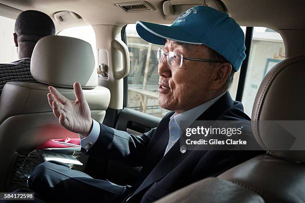 Secretary General Ban Ki-moon inside his car at the Zaatari Syrian Refugee Camp in Jordan.