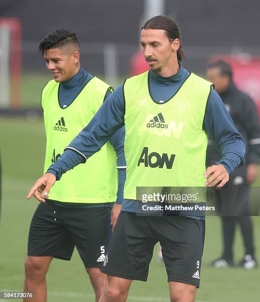Zlatan Ibrahimovic of Manchester United in action during a first team training session at Aon Training Complex on July 28, 2016 in Manchester,...