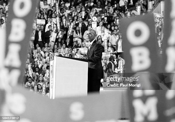 President Barack Obama delivers remarks on the third day of the Democratic National Convention at the Wells Fargo Center on July 27, 2016 in...