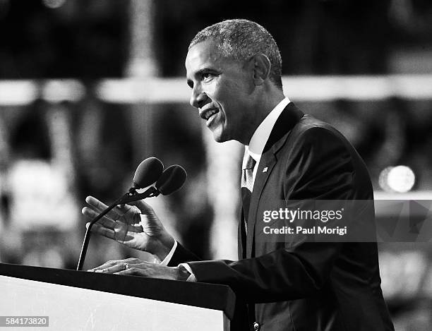 President Barack Obama delivers remarks on the third day of the Democratic National Convention at the Wells Fargo Center on July 27, 2016 in...