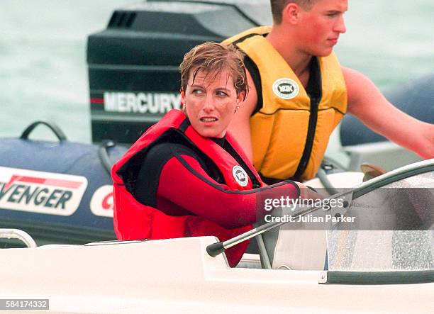 Sophie Rhys-Jones, with Peter Phillips waterskiing in Cowes, Isle of Wight ,on July 1, 1994 in Cowes,England.