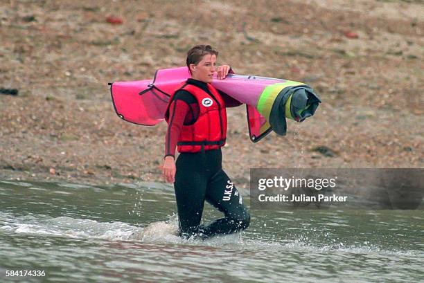 Sophie Rhys-Jones windsurfing in Cowes, Isle of Wight, on July 1, 1994 in Cowes,England.