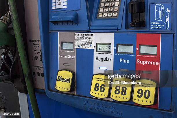 Diesel, regular, plus and supreme signage are displayed on a gas pump at a roadside Exxon gas station outside Aurora, New Mexico, U.S., on Tuesday,...