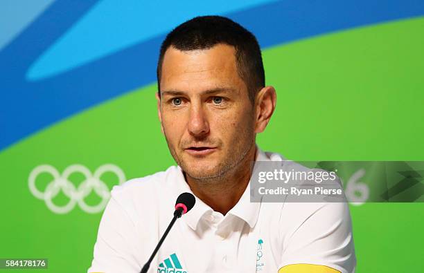 Australian Hockey player Jamie Dwyer speaks to the media during an Australian Olympic Team Press Conference on July 28, 2016 in Rio de Janeiro,...