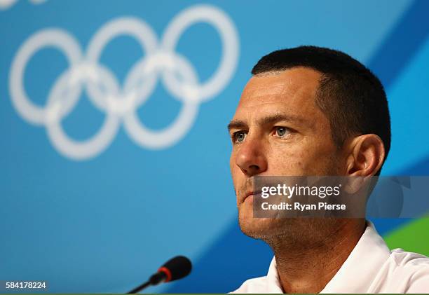 Australian Hockey player Jamie Dwyer speaks to the media during an Australian Olympic Team Press Conference on July 28, 2016 in Rio de Janeiro,...