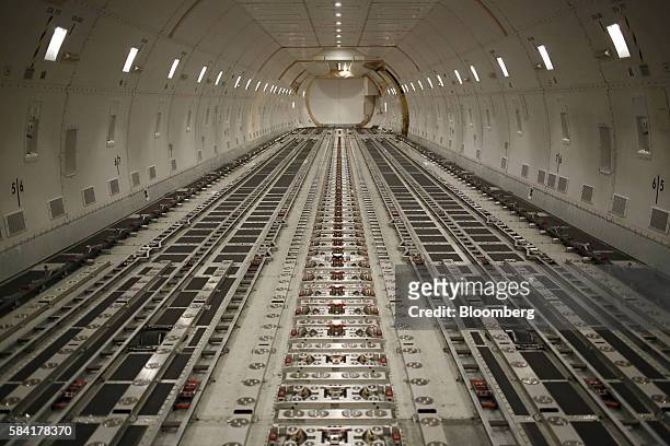 The interior of a Boeing Co. 747 cargo jet sits before being loaded with containers during the night package sort at the United Parcel Service Inc....