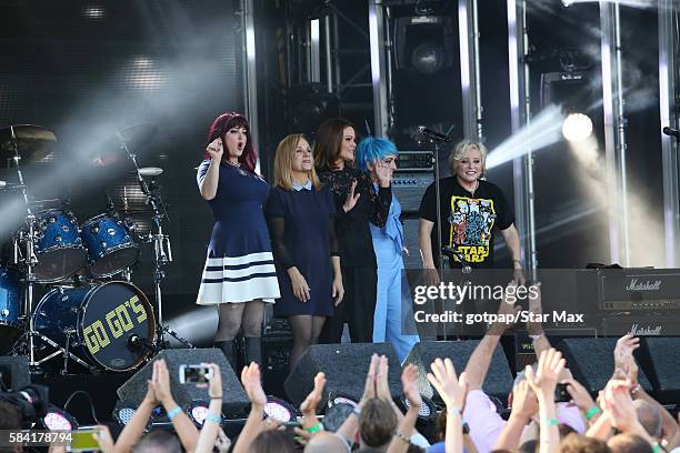 Abby Travis, Charlotte Caffey, Belinda Carlisle, Jane Wiedlin and Gina Schock of The Go-Go's are seen on July 27, 2016 in Los Angeles, California.