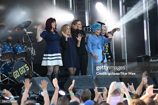 Abby Travis, Charlotte Caffey, Belinda Carlisle, Jane Wiedlin and Gina Schock of The Go-Go's are seen on July 27, 2016 in Los Angeles, California.