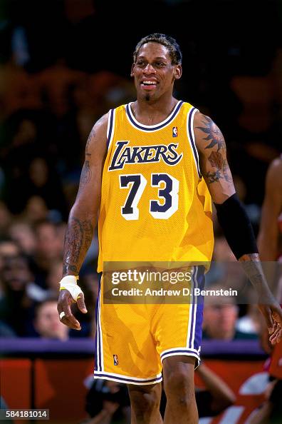 Rodman Lakers Rockets Dennis Rodman of the Los Angeles Lakers looks on against the Chicago ...