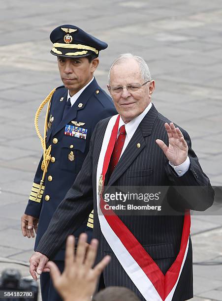 Pedro Pablo Kuczynski, president of Peru, waves after his swearing in ceremony in Lima, Peru, on Thursday, July 28, 2016. The inauguration of Wall...
