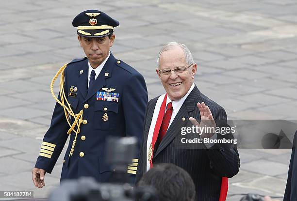 Pedro Pablo Kuczynski, president of Peru, waves after his swearing in ceremony in Lima, Peru, on Thursday, July 28, 2016. The inauguration of Wall...