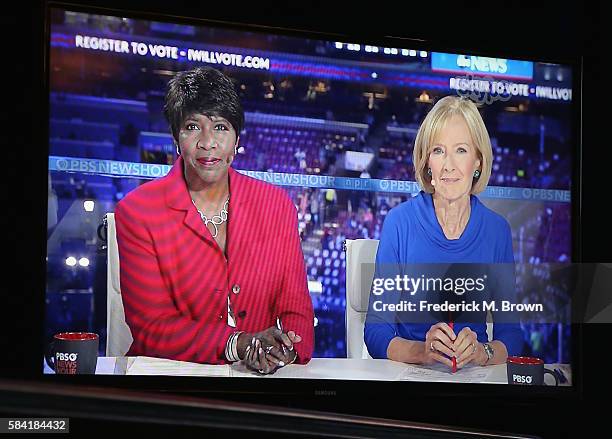 Co-anchor/managing editor of PBS NewsHour Gwen Ifill and co-anchor/managing editor of PBS NewsHour Judy Woodruff speak onstage via Skype during the...