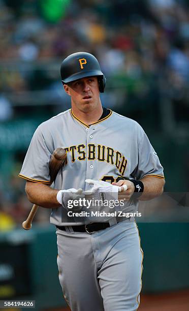 Erik Kratz of the Pittsburgh Pirates stands on the field during the game against the Oakland Athletics at the Oakland Coliseum on July 2, 2016 in...