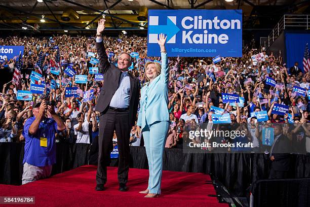 Democratic presidential candidate former Secretary of State Hillary Clinton appears with her running mate Sen. Tim Kaine for the first time after...