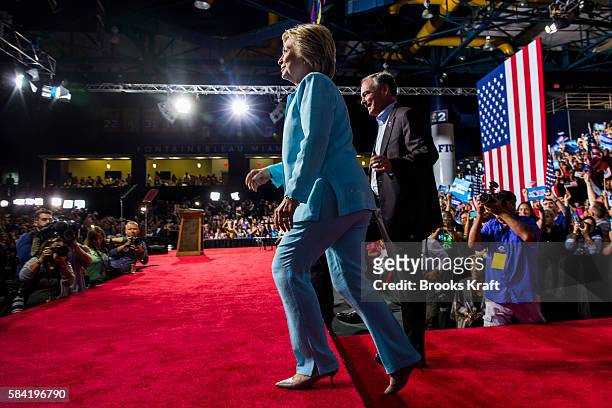 Democratic presidential candidate former Secretary of State Hillary Clinton appears with her running mate Sen. Tim Kaine for the first time after...