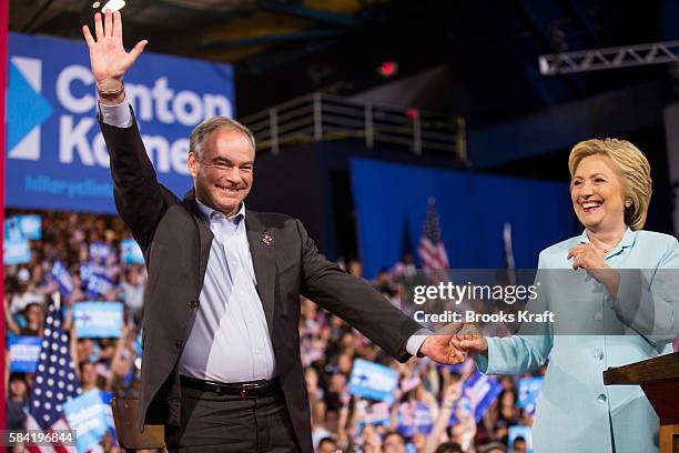 Democratic presidential candidate former Secretary of State Hillary Clinton appears with her running mate Sen. Tim Kaine for the first time after...