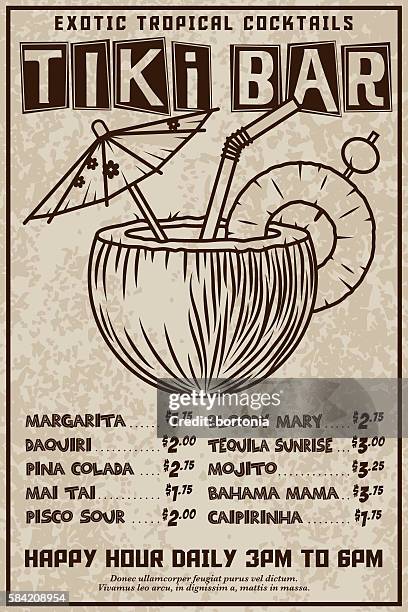 illustrazioni stock, clip art, cartoni animati e icone di tendenza di pubblicità funky retro tiki bar - piña colada