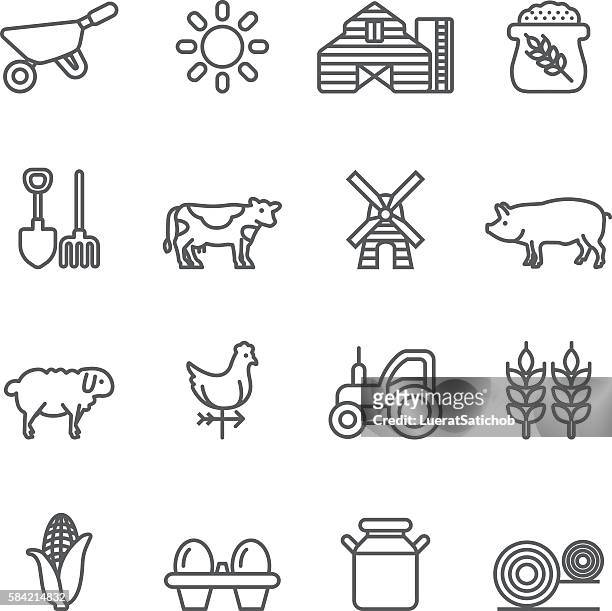 farm rice agriculture livestock line icons | eps10 - water tower storage tank stock illustrations