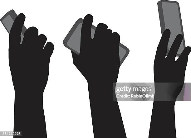 three hands holding smart phones - text message screen vector stock illustrations