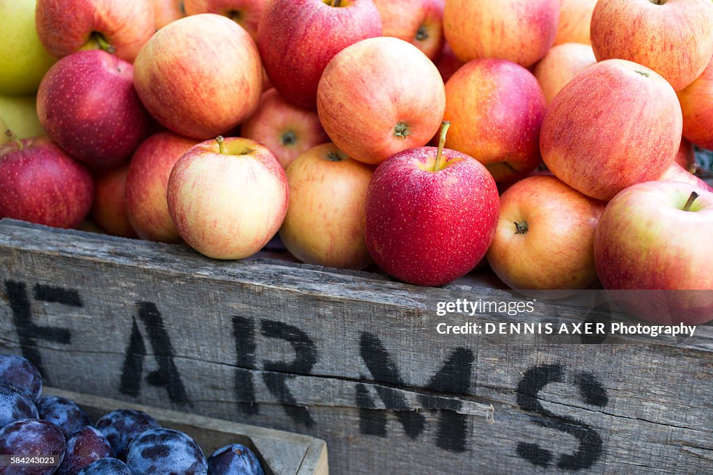 Organic Apples and Plums in crate