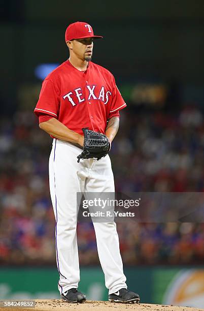 Kyle Lohse of the Texas Rangers throws in the first inning against the Minnesota Twins at Globe Life Park in Arlington on July 9, 2016 in Arlington,...