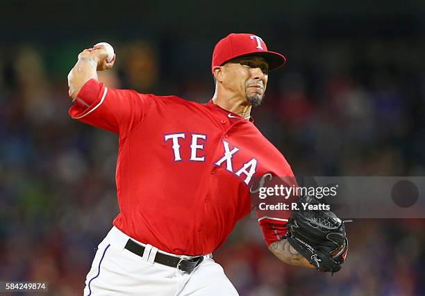 Kyle Lohse of the Texas Rangers throws in the first inning against the Minnesota Twins at Globe Life Park in Arlington on July 9, 2016 in Arlington,...