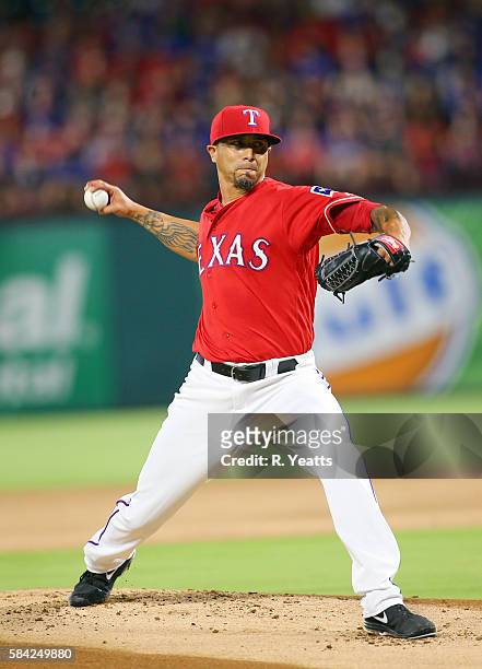 Kyle Lohse of the Texas Rangers throws in the first inning against the Minnesota Twins at Globe Life Park in Arlington on July 9, 2016 in Arlington,...