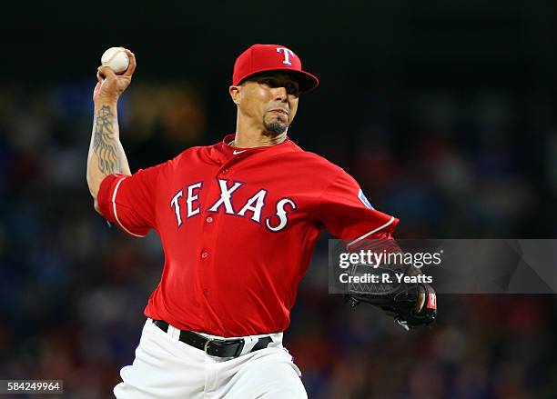 Kyle Lohse of the Texas Rangers throws in the fourth inning against the Minnesota Twins at Globe Life Park in Arlington on July 9, 2016 in Arlington,...