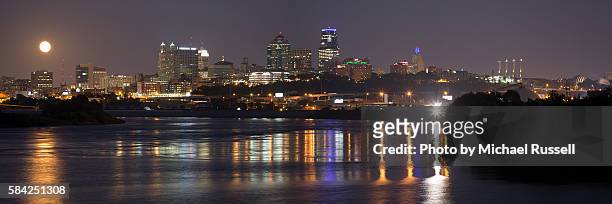 kc river city moonrise - kansas city skyline stock pictures, royalty-free photos & images