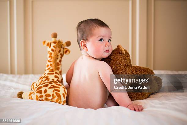 baby with stuffed toys - babies in a row stock pictures, royalty-free photos & images