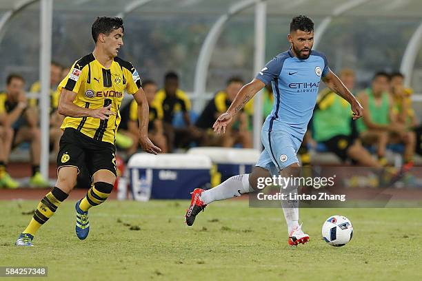 Sergio Aguero of Manchester City contests the ball during the 2016 International Champions Cup match between Manchester City and Borussia Dortmund at...