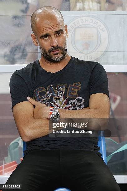 Manchester City's manager Pep Guardiola looks on during the 2016 International Champions Cup match between Manchester City and Borussia Dortmund at...