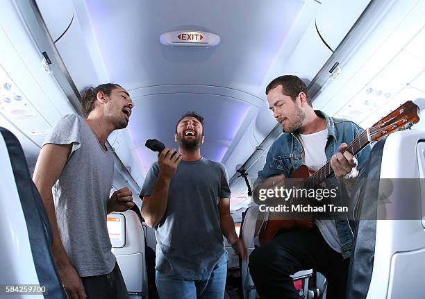 Taylor Rice, Kelcey Ayer and Ryan Hahn of Local Natives perform live, acoustic set at 35,000 feet on Virgin America Flight ahead of Lollapallooza...