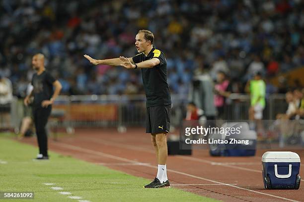 Thomas Tuchel, head coach of Dortmund gestures during the 2016 International Champions Cup match between Manchester City and Borussia Dortmund at...