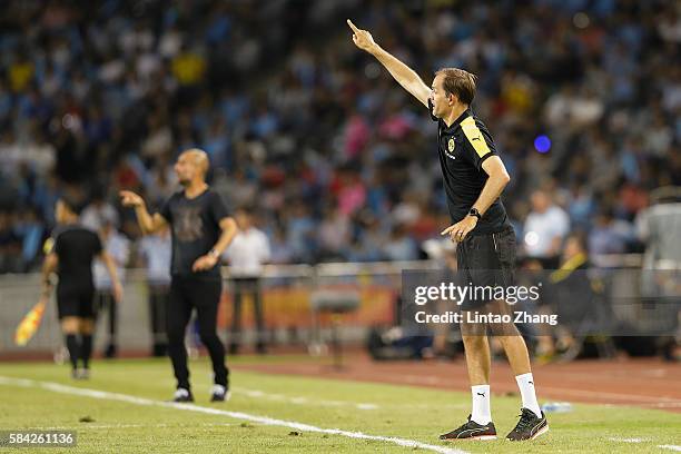 Thomas Tuchel, head coach of Dortmund gestures during the 2016 International Champions Cup match between Manchester City and Borussia Dortmund at...