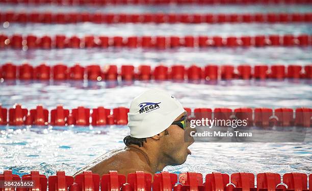 Olympic refugee team swimmer Rami Anis trains at the Olympic Aquatics Stadium ahead of the Rio 2016 Olympic Games on July 28, 2016 in Rio de Janeiro,...