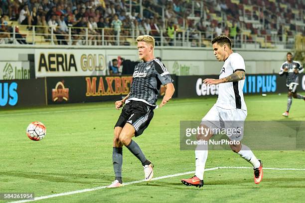 Andreas Cornelius of FC Kobenhavn and Fabricio of FC Astra Giurgiu during the UEFA Champions League Third Qualifying Round 2016-2017 game between FC...