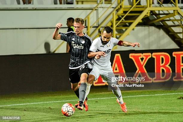 Peter Ankersen of FC Kobenhavn and Junior Morais of FC Astra Giurgiu during the UEFA Champions League Third Qualifying Round 2016-2017 game between...