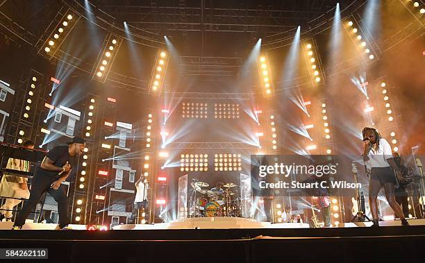 Locksmith and Bridgette Amofah of Rudimental perform on stage at MTV Crashes Plymouth at Plymouth Hoe on July 28, 2016 in Plymouth, England.