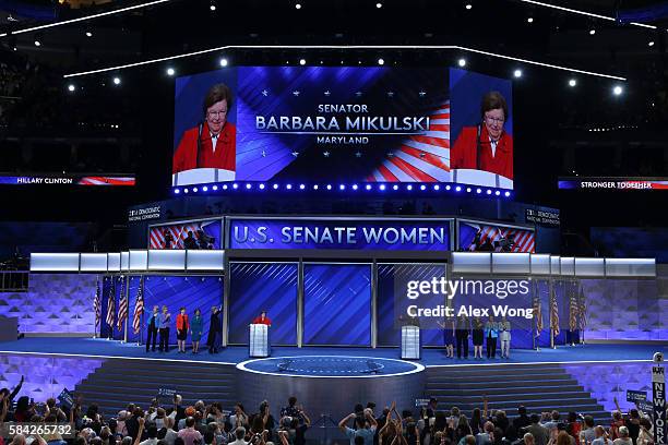 Senator Barbara Mikulski delivers remarks along with members of the Democratic Women of the Senate arrive to deliver remarks on the fourth day of the...