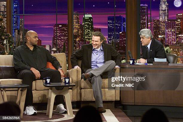 Episode 2617 -- Pictured: Professional basketball player Charles Barkley and comedian Norm MacDonald during an interview with host Jay Leno --