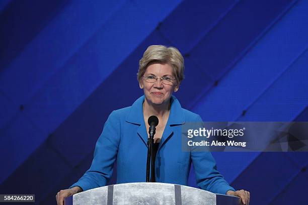 Sen. Elizabeth Warren delivers remarks on the fourth day of the Democratic National Convention at the Wells Fargo Center, July 28, 2016 in...