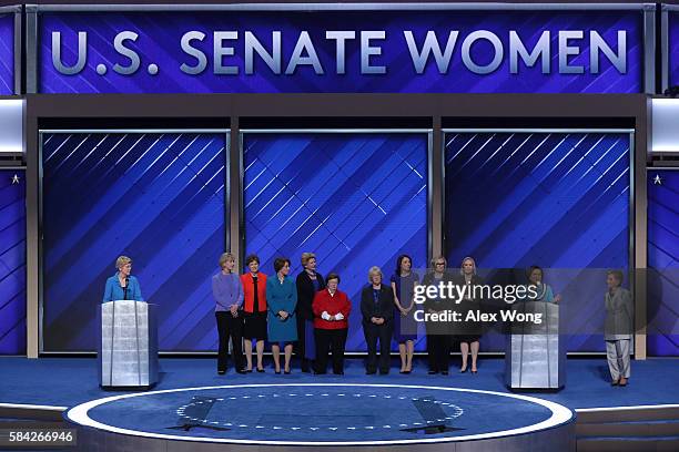 Sen. Mazie Hirono delivers remarks along with members of the Democratic Women of the Senate on the fourth day of the Democratic National Convention...